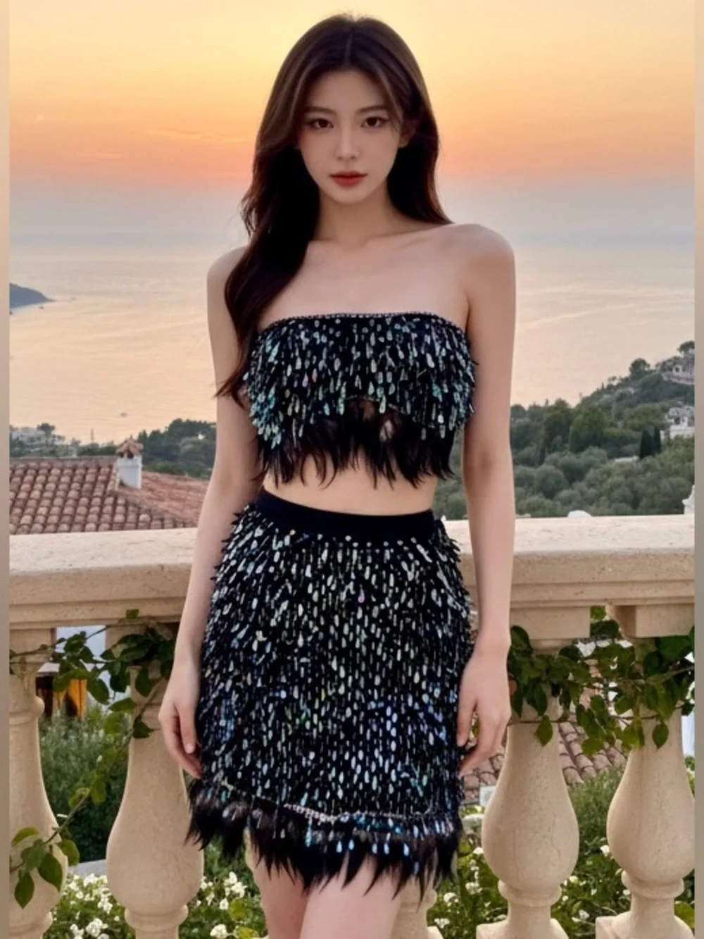 Hand beaded Sequin Fringe feathers Strapless top & Mini Skirt - Black iridescent